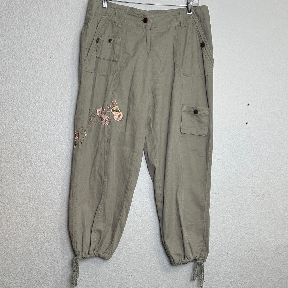 Y2K Olive Green Floral Embroidered Pants Woman's Large Parachute Cotton